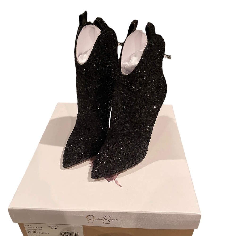 JESSICA SIMPSON PIXILLEZ 4 BOOTIE IN BLACK CHUNKY GLITTER - BRAND NEW IN BOX! - Picture 7 of 12